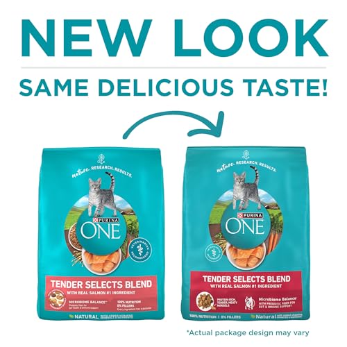 Purina ONE Tender Selects Dry Cat Food, Salmon, 7 lb Bag | Real salmon is the #1 ingredient made with carrots, peas, vitamins A and E for bright eyes, strong muscles and digestion