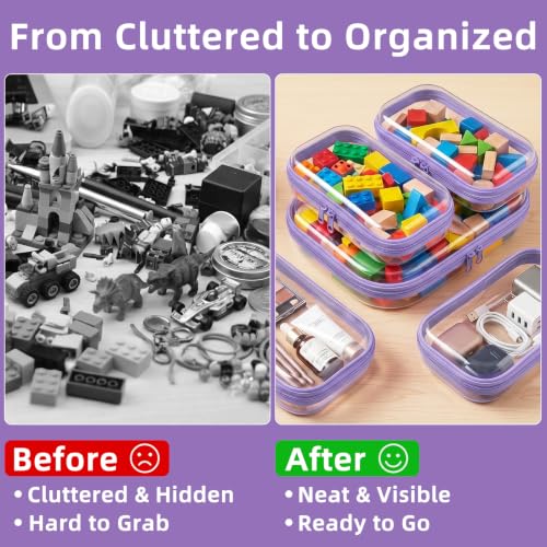 CarryEpic Clear Hard Shell Zipper Cases (5 Packs), Plastic Hard Sided Zippers Pouches Clear Hardshell Pencil Case For Storage, Diaper Bag Organizer Bliss Bins 4*Small/1*Medium, Purple