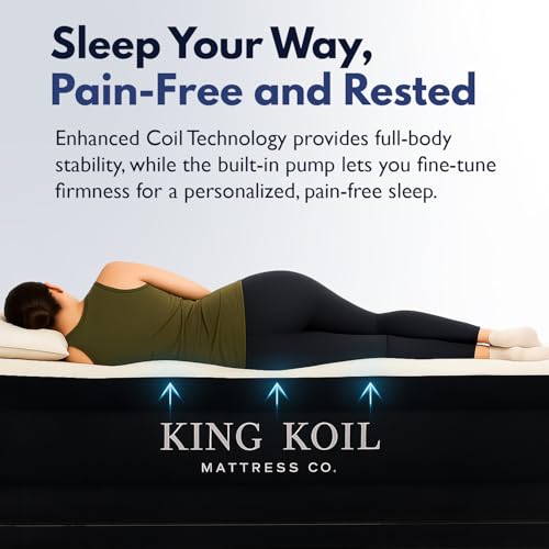 King Koil Air Mattress Queen with Built-in Pump, 20” Raised Airbed | Luxury blow up mattress for guests & home • Inflates in 2 minutes • 650 lb capacity • Patented high-speed pump
