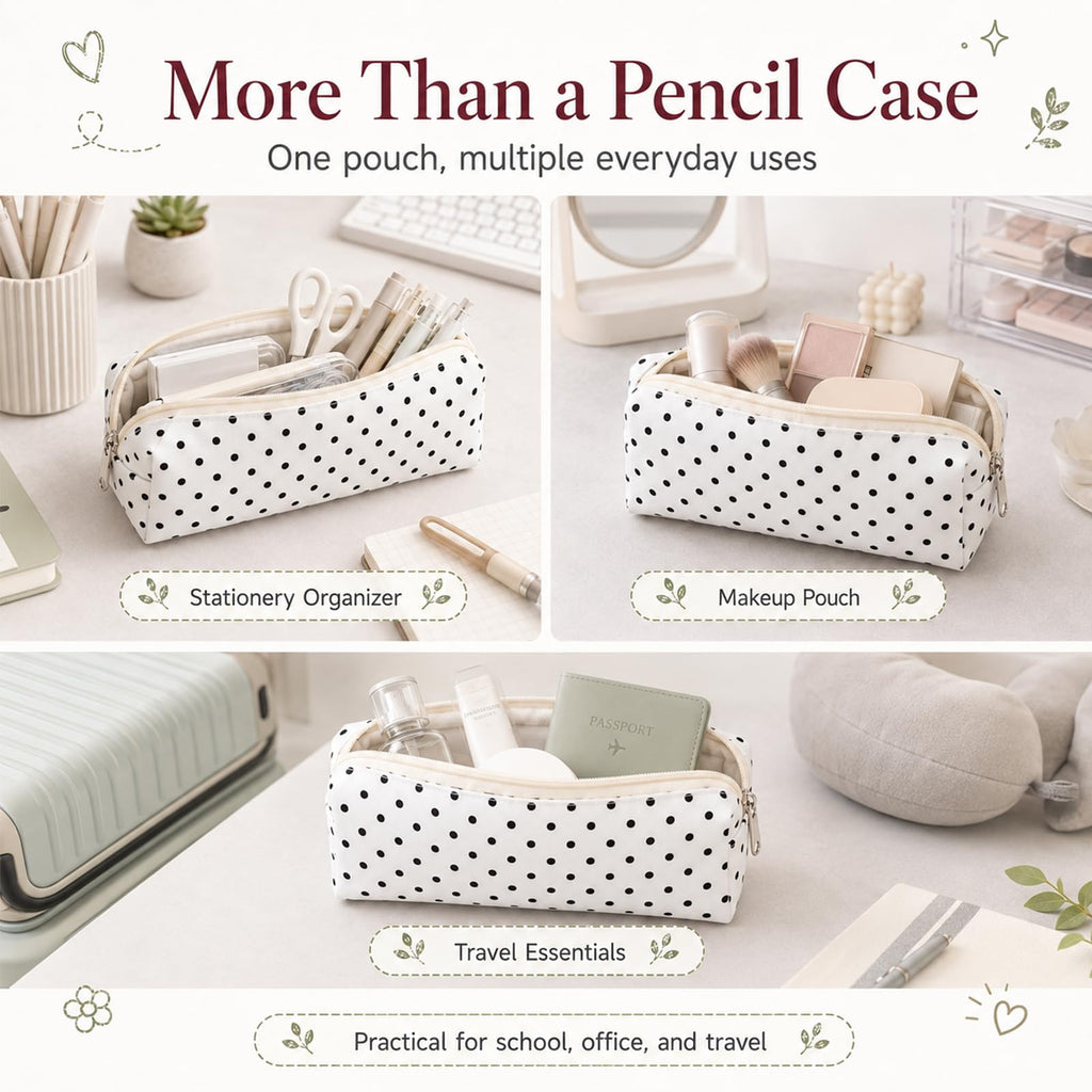 Polka Dot Canvas Pencil Case, Foldable Pouch for Stationery & Makeup, Black | Cute Polka Dot Canvas Pencil Pouch, Large Capacity Soft Aesthetic Pen Case Organizer for Supplies & Daily Use