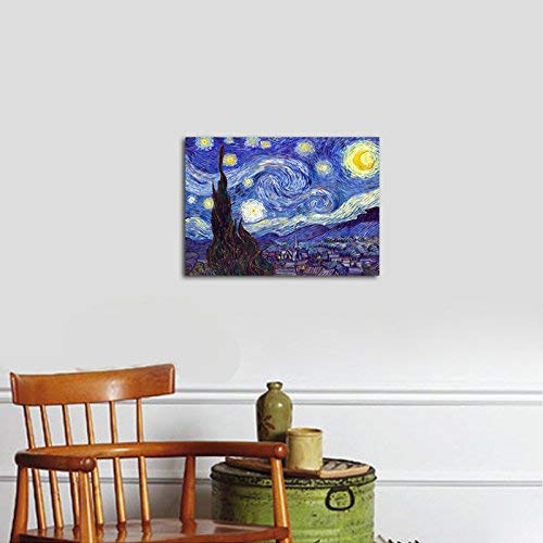 Wieco Art Starry Night Vincent Van Gogh Canvas Wall Art Prints | Gallery Wrapped, Ready to Hang, Paintings Reproduction, Abstract Landscape Pictures, Wall Art for Home Office Decorations