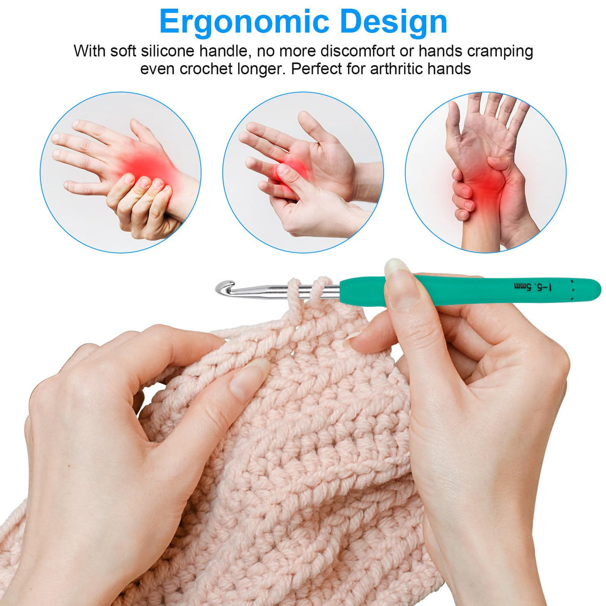 MECHEER Crochet Hooks 12 Sizes Set, 51 Pack Yarn Crochet Kit for Beginners | Knitting Needles with Ergonomic Handles for Arthritic Hands, Crochet Needle Kit with Blue Case for Crocheters