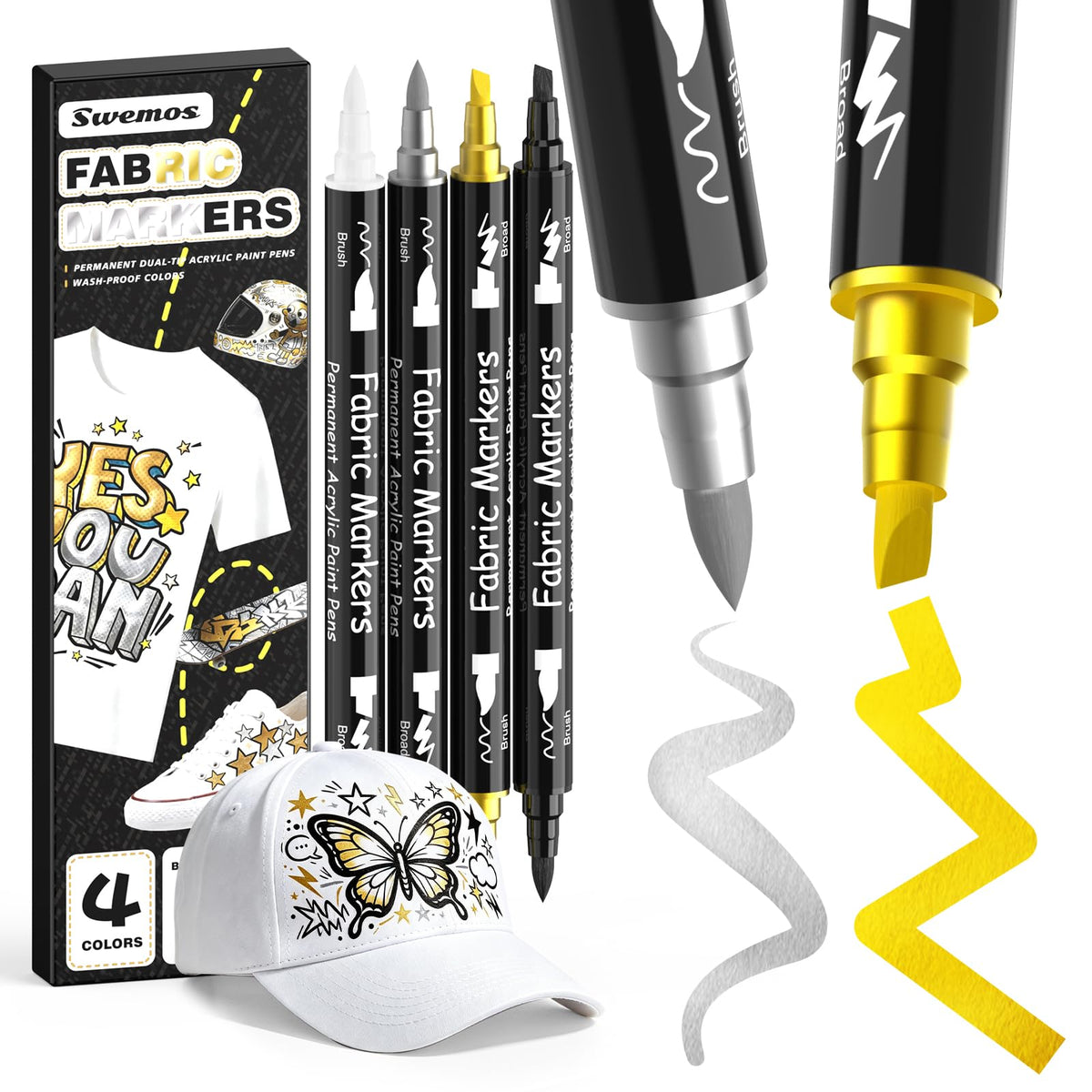 4 Fabric Markers, Fabric Paint Permanent for Clothes, Acrylic Paint Pens | for Helmets, Skateboards, Hats, Canvas, Shoes, Bags, Craft, DIY - Fabric Decorating Kit