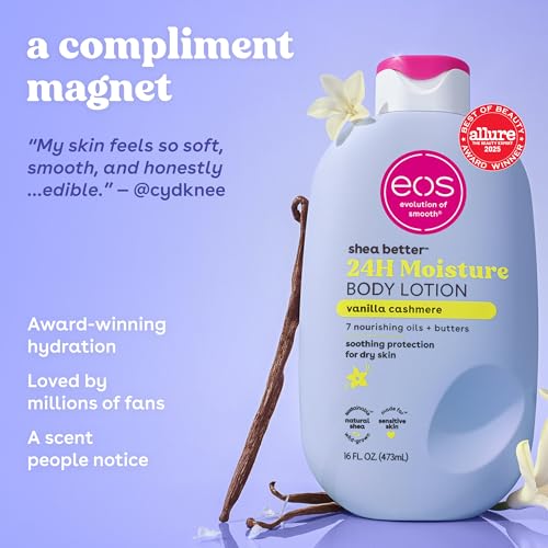 eos Shea Better Body Lotion- Vanilla Cashmere, 24-Hour Moisture, 16 fl oz | Natural Shea Butter & Oil, Whipped Vanilla & Caramel, Lasting Hydration, 100% Vegan & Cruelty-Free, Apply to Dry Skin