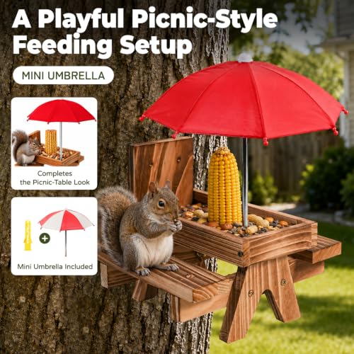 Squirrel Feeder for Outside, Funny Wooden Picnic Table with Mini Umbrella | Solid wood feeder for squirrels and chipmunks, drainage mesh, corn cob holder, feeding area, tree or fence mount