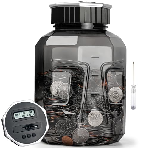 X-Large Piggy Bank for Adults Kids, Digital Coin Counting Bank LCD Counter | Vcertcpl 2.4L Capacity, Great Coin Counter Bank Money Counting Jar with Total Amount Displayed, Bank for All US Coins Gray