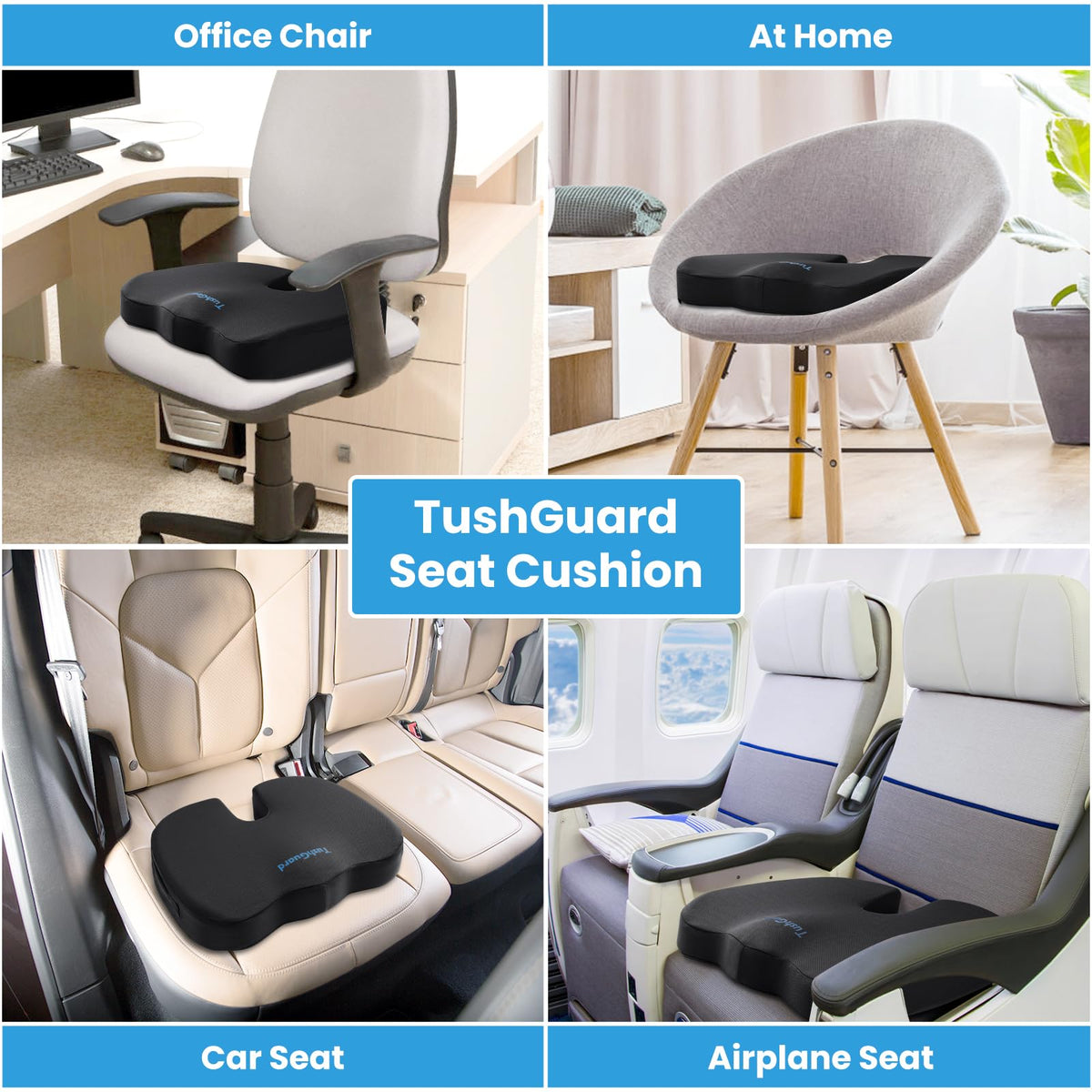 TushGuard Seat Cushion for Office Chair, Memory Foam Chair Cushion, Black | Office Chair Cushion for Car, Airplane - Chair Pad, Butt Pillow for Long Sitting Sciatica, Hip, Coccyx,Tailbone Pain Relief