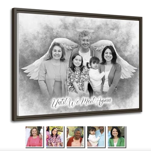 Custom Pencil Drawing from Photos – Charcoal Style Portrait – Merge Family Photos, Add Passed Loved One – Memorial Gift with Angel Wings – Personalized Canvas from Picture – In Memory of Mom