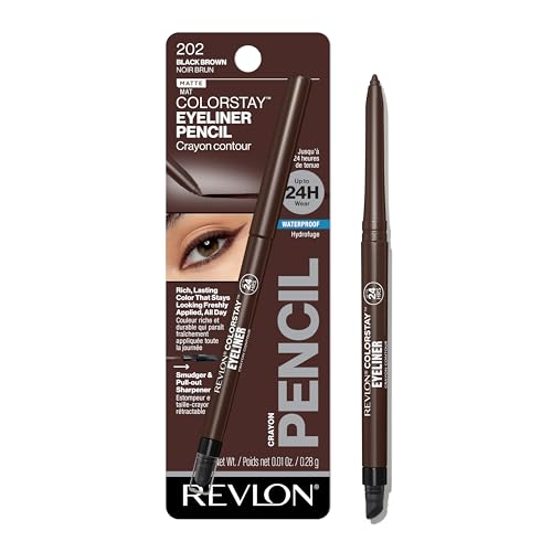 Revlon ColorStay Pencil Waterproof Eyeliner, 202 Black Brown, 0.01 oz | Waterproof pencil eyeliner with built-in sharpener. Smudge-proof, long-lasting, intense matte color.