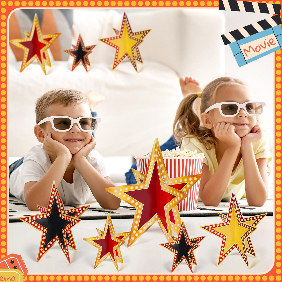 Sinload 45 Piece 3D Glitter Star Centerpieces Red Black Gold Party Decor | 300 Gsm Cardstock with 15 Pieces Per Size in 8" 5" 3" Formats for Standing Hanging Back to School Movie Night Awards Decor