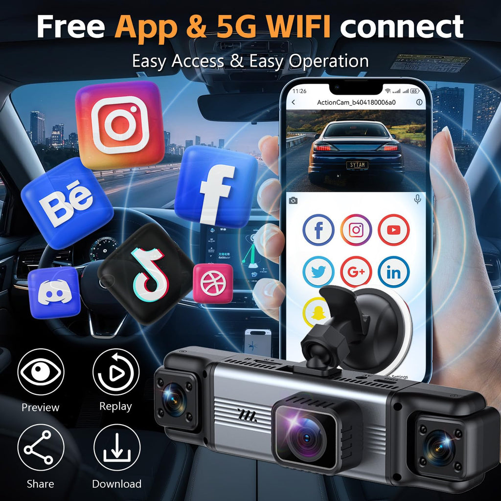 4 Channel 360° Dash Cam Front and Rear Inside, 64GB Card Included | 4K+1080P*3 FHD Car Camera, 5GHz WiFi/App Control 8 IR Lamps Night Vision 24H Parking Mode G-Sensor Loop Recording (Gunmetal)