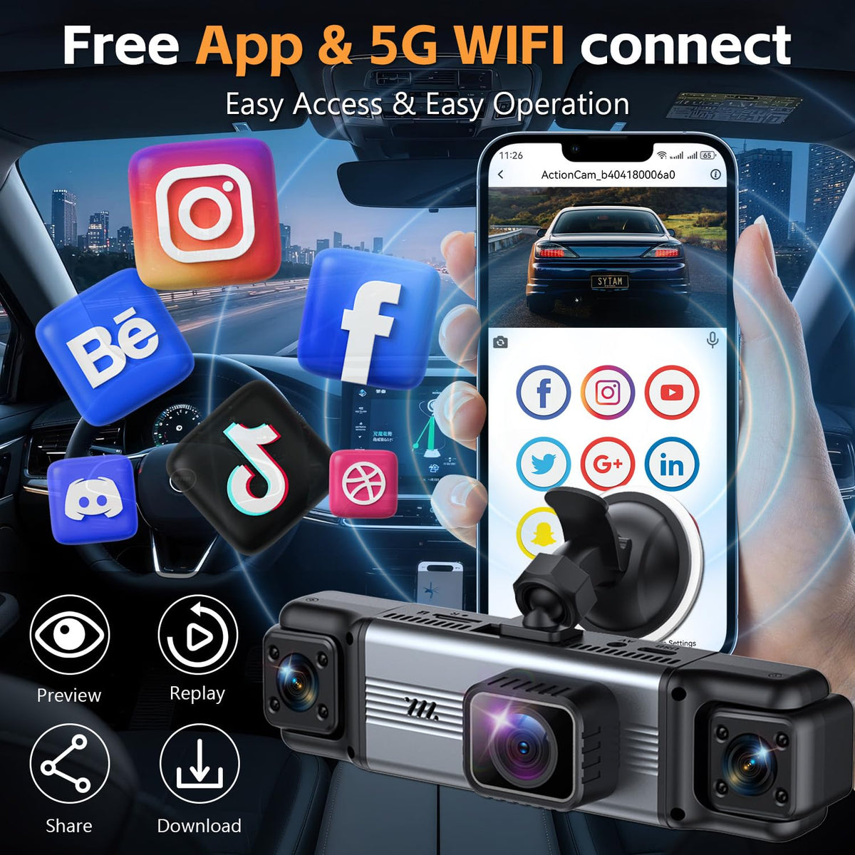 4 Channel 360° Dash Cam Front and Rear Inside, 64GB Card Included | 4K+1080P*3 FHD Car Camera, 5GHz WiFi/App Control 8 IR Lamps Night Vision 24H Parking Mode G-Sensor Loop Recording (Gunmetal)