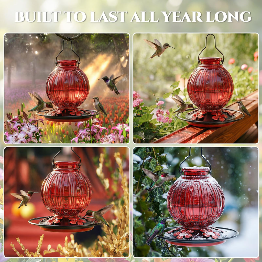 Glass Hummingbird Feeder for Outdoors Hanging, 26 fl oz Bird Nectar Feeder | 5 Metal Flower Feeding Ports, 360° Perch Ring, Easy Refill & Clean, Leakproof, Ideal for Backyard, Garden Outdoor Decor, Red