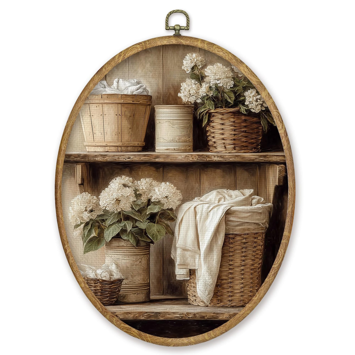 CGBHW Vintage Laundry Room Oval Wall Art Decor, Farmhouse Hydrangea Floral Canvas Prints Framed, Rustic Bathroom Wall Art Hanging Decor for Home Kitchen Bathroom Washroom Laundry Room, 8.6x11.4 Inch