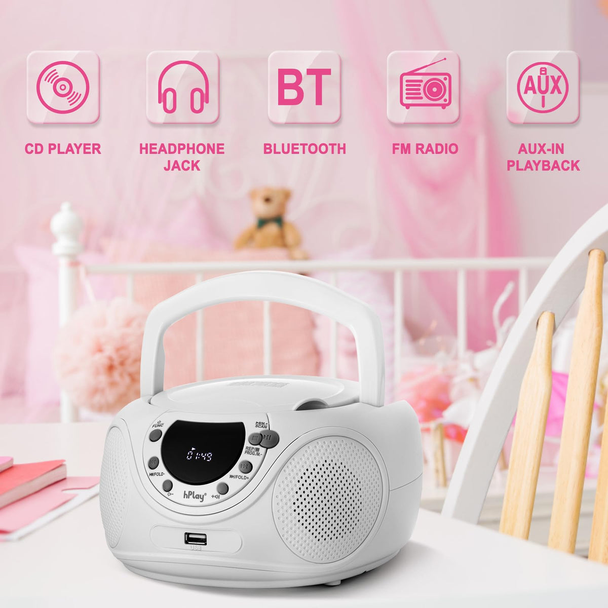 hPlay P16 Portable CD Player Boombox with Bluetooth, White | CD/CD-R/MP3-CD, FM Digital Radio, USB/MP3 Playback, Aux-In & Headphone Jack, AC/Battery Powered