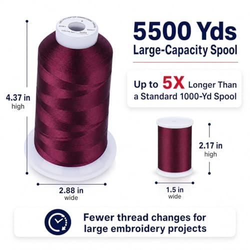 Simthread 5500Yds 40WT Polyester Embroidery Thread Burgundy Cherry S084 | High-yardage 5000M spool offers smooth feeding and stable 40WT polyester thread for home and commercial embroidery machines.