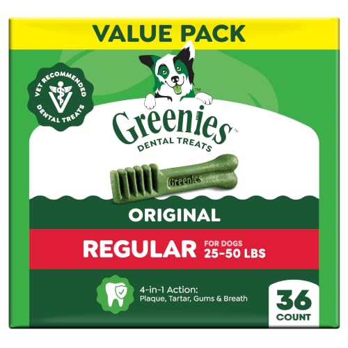 Greenies Regular Dental Dog Treats, Original Chicken Flavor, 36 Count | Veterinarian-recommended, supports oral health & freshens breath, clean to gumline, for dogs 25-50 lbs, chicken flavor