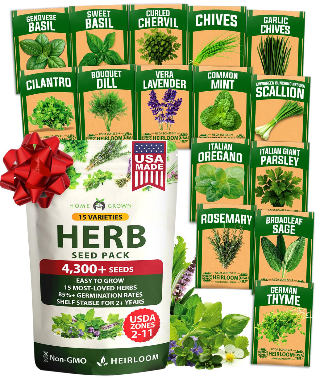 HOME GROWN 15 Herb Seed Variety Kit, 4300+ Seeds, Culinary Herb Kit | High Germination, Heirloom, Non-GMO | 4300+ Seeds | Indoor/Outdoor & Hydroponic | Culinary Herbs | Gardening Gift