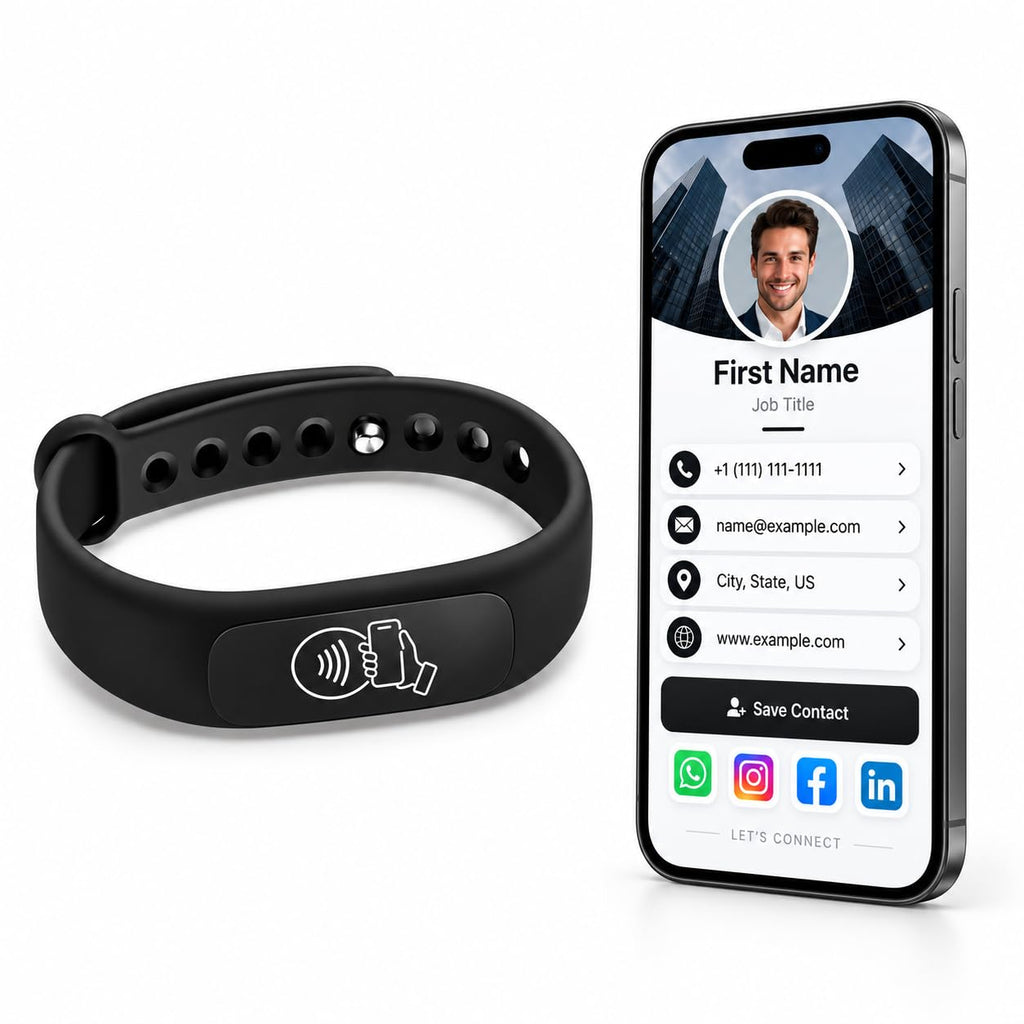 NFC Smart Business Card Wristband, Adjustable (Black) | QR Code, Waterproof Silicone, Tap to Share Contact Info, Works with iPhone and Android