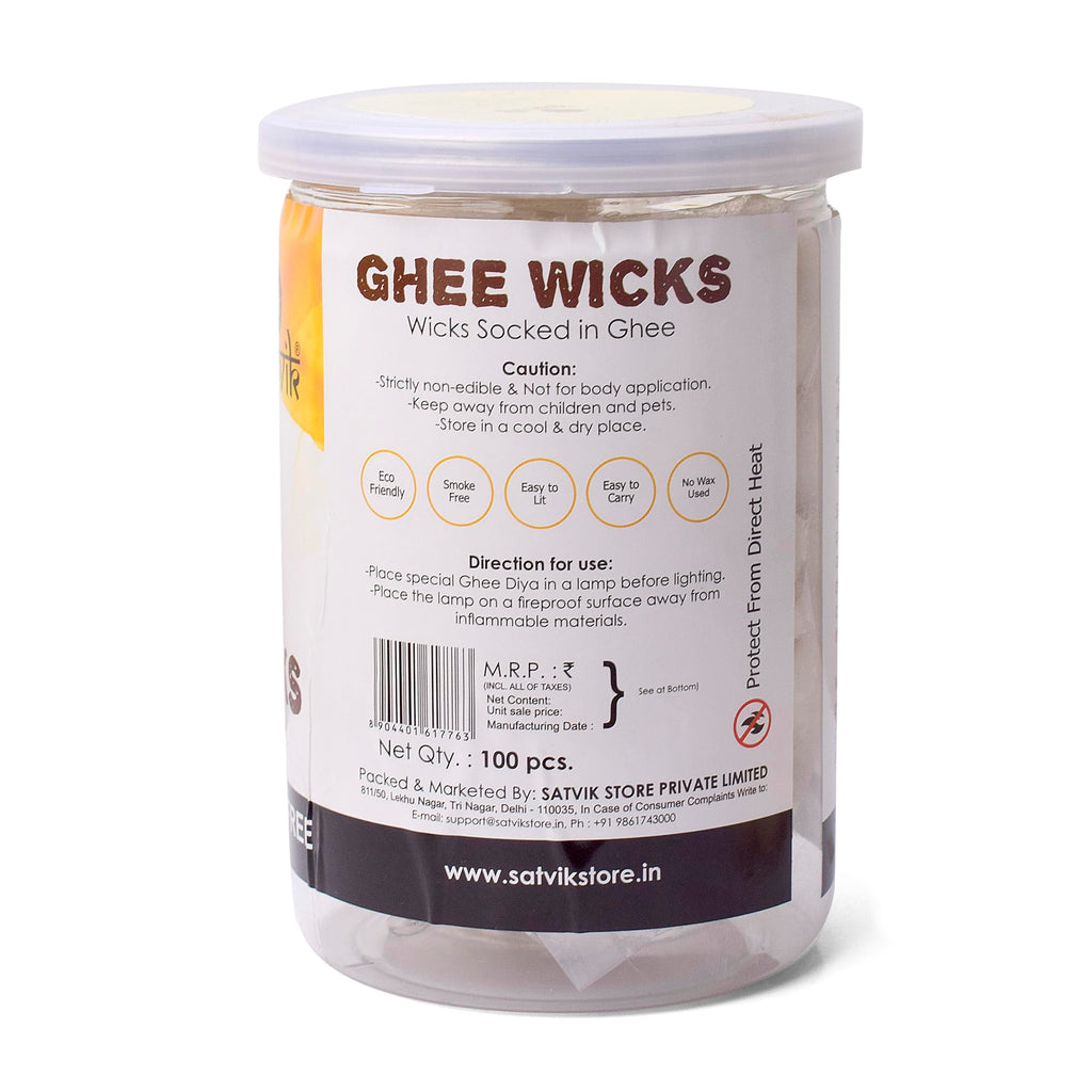 SATVIK Pack of 100 Pure Ghee Wicks for Puja | Ready-to-Use Diya Batti | 30-Min Burn Time | Wax-Free Cotton Wicks | Ideal for Pooja, Meditation, Diwali, and Housewarming Gifts
