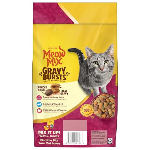Meow Mix Gravy Bursts Dry Cat Food, 3 lb Bag | Crunchy cat kibble, gravy filled pieces, 100% complete & balanced nutrition