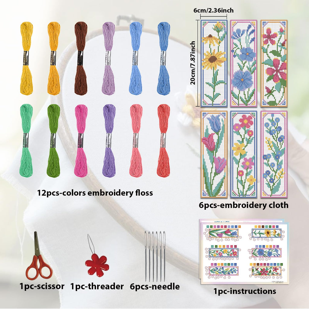 ORIGACH 6 Set Wildflower Floral Cross Stitch Bookmark Kit for Beginner | 11CT Stamped Cross Stitch Kit DIY Embroidery Bookmark Set with Backing Felt Floss Instructions for Adults, Book Lovers