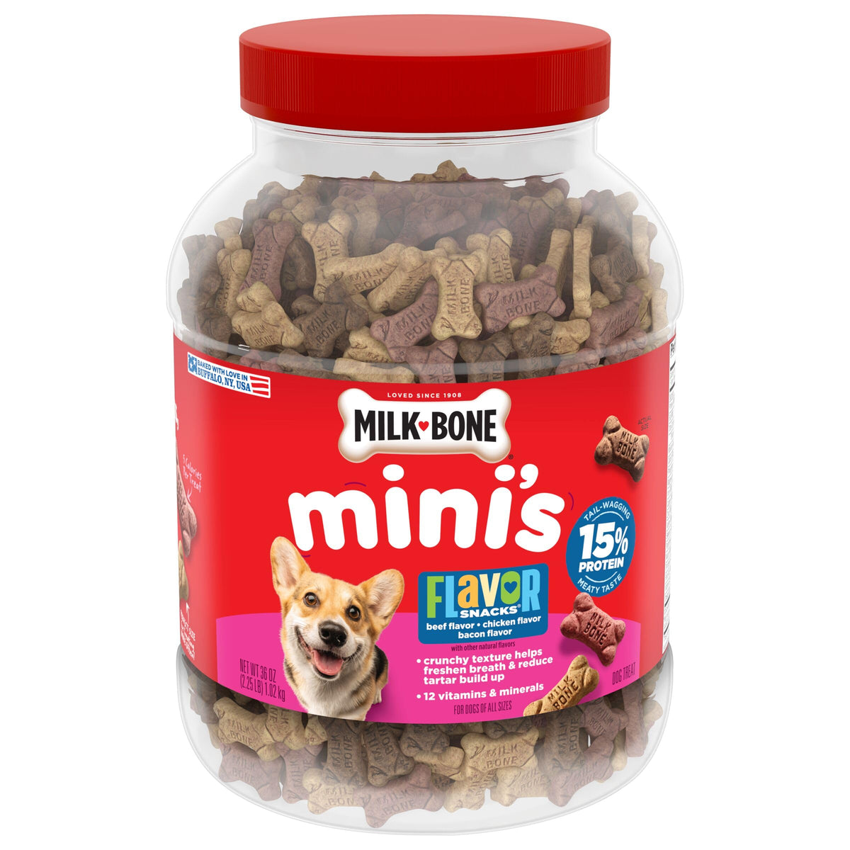 Milk-Bone Flavor Snacks Mini’s Dog Treats, 36 Oz. | 5 calories per treat, 15% protein, 3 flavors per canister (beef, chicken & bacon, naturally & artificially flavored)