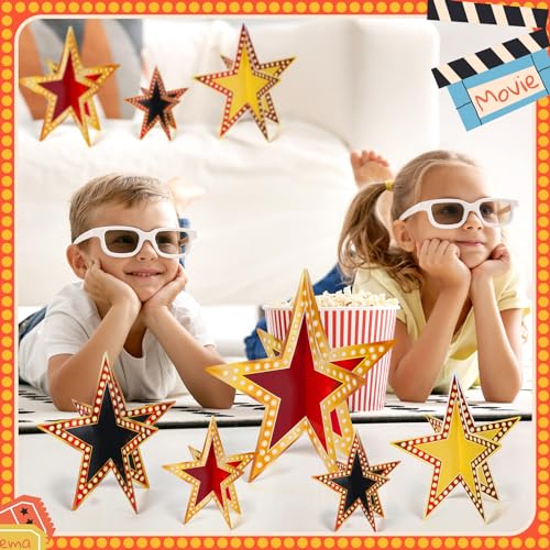 Sinload 45 Piece 3D Glitter Star Centerpieces Red Black Gold Party Decor | 300 Gsm Cardstock with 15 Pieces Per Size in 8" 5" 3" Formats for Standing Hanging Back to School Movie Night Awards Decor