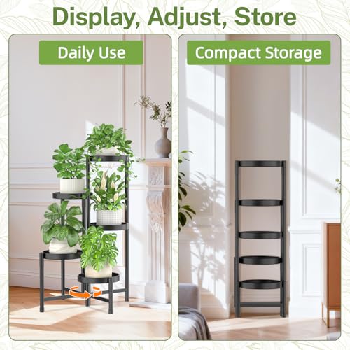 iDavosic.ly Plant Stand Indoor Outdoor, 5 Tier Metal Corner Shelf, Black | Tiered Flower Display Holder, Folding Multi Orchid Rack, Easy to Assemble, Space Saving Patio Balcony Porch Garden House