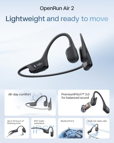 SHOKZ OpenRun Air 2 Bone Conduction Open-Ear Bluetooth Headphones，Black | Bundle with Hair Band；26.4g lightweight; Secure fit; PremiumPitch 3.0 sound; IP67; 10H battery; Running/cycling/hiking
