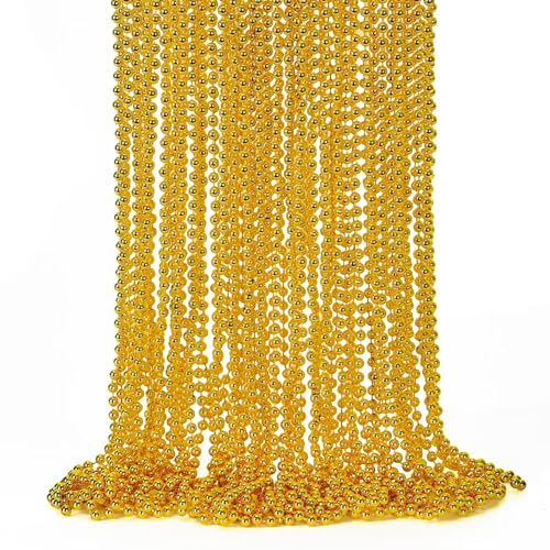 EOBOH 12PCS Mardi Gras Beads, Gold Beaded Necklace Stuff Set, 33" Mardi Gras Christmas Beads Necklace Costume Bulk, Festival Parade Throw Accessory Sets for Mardi Gras St Patricks Day Celebrations