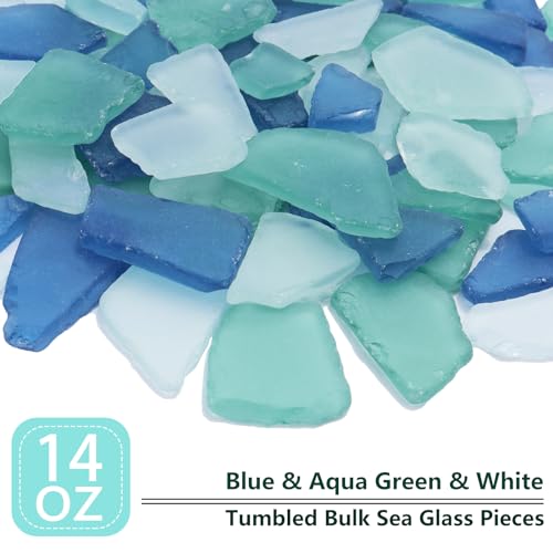 QYGL Sea Glass for Crafts - 14oz Blue Mixed Frosted Seaglass Pieces | Vase Filler and Aquarium Ornament, DIY Craft Supplies for Art, Beach Weddings, and Home Decor