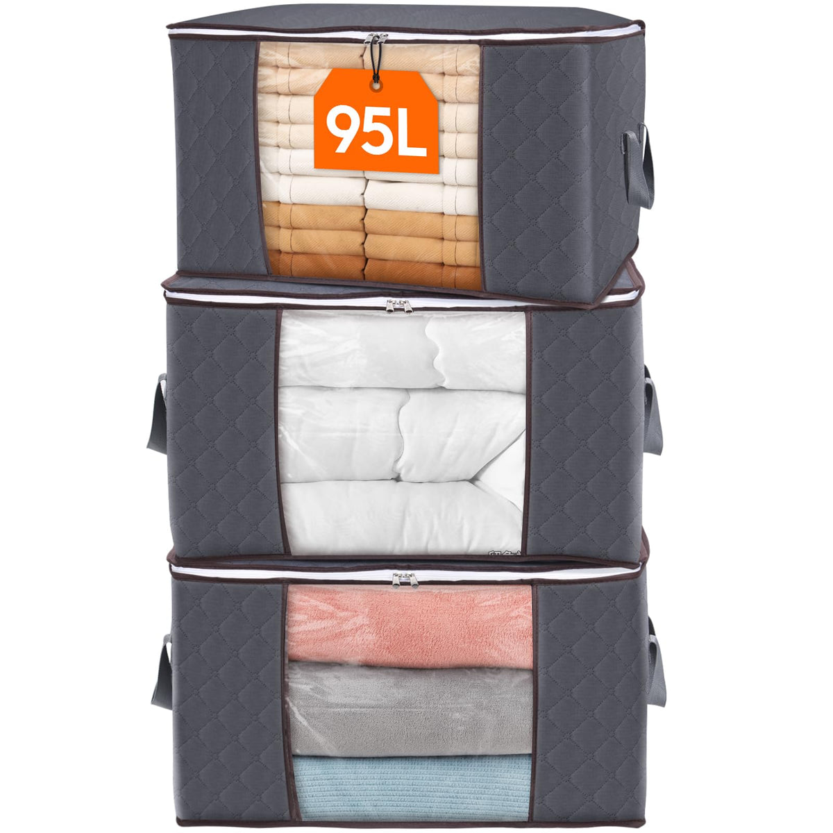 Lifewit 95L Clothes Storage Bags Large Storage Box With Lid Packing Boxes for Moving House With Reinforced Handle Thick Fabric Clear Window for Clothes Duvet Blankets Bedding, 3 Pack, Grey