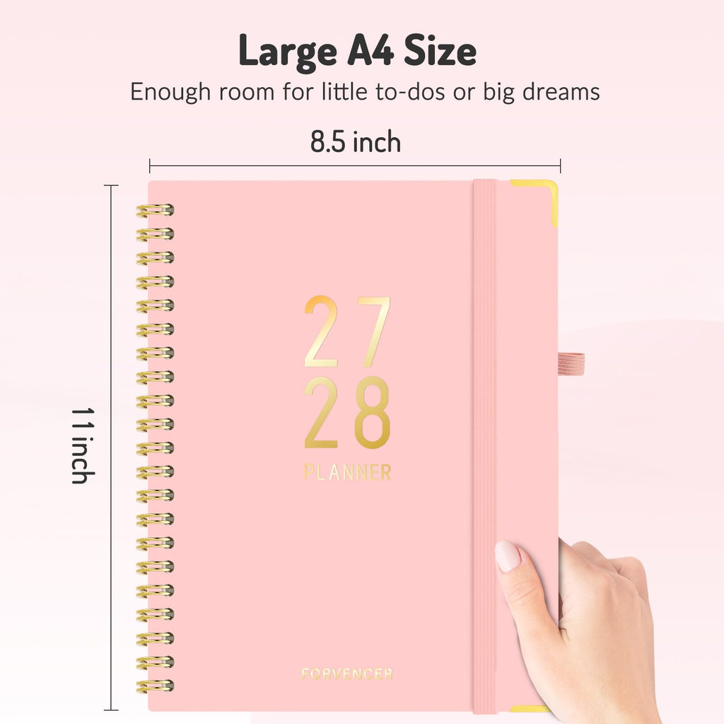 Forvencer Planner 2027-2028, 18 Month Calendar Planner, Jan 2027-June 2028 | 8.5"x11", Weekly and Monthly, Daily Agenda Book with Tab, Spiral Journal Organizer for Office Home Teacher School, A4, Pink