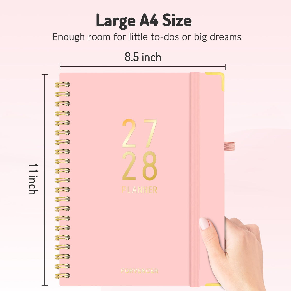 Forvencer Planner 2027-2028, 18 Month Calendar Planner, Jan 2027-June 2028 | 8.5"x11", Weekly and Monthly, Daily Agenda Book with Tab, Spiral Journal Organizer for Office Home Teacher School, A4, Pink