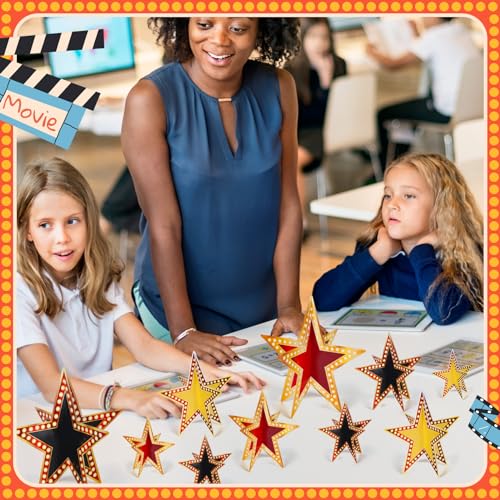 Sinload 45 Piece 3D Glitter Star Centerpieces Red Black Gold Party Decor | 300 Gsm Cardstock with 15 Pieces Per Size in 8" 5" 3" Formats for Standing Hanging Back to School Movie Night Awards Decor