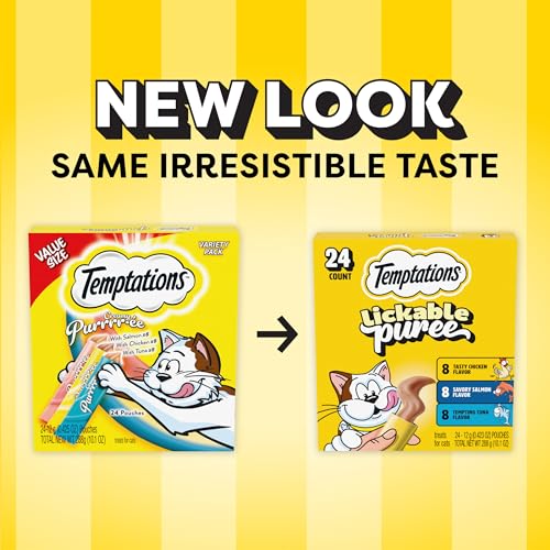 Temptations Creamy Puree Cat Treats, Chicken, Salmon & Tuna, 24 Count | Chicken, Salmon, Tuna flavors, under 15 cal/tube, no added sugar/fillers, squeezable treat or meal topper, great for seniors
