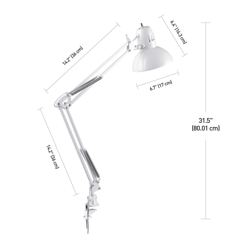 Globe Electric 52847 31.5 Inch Swing Arm Clamp-On White Desk Lamp with Nickel Accents, On/Off Rotary Switch, Book Reading Light, Home Essentials, Office Décor, LED Bulb Compatible