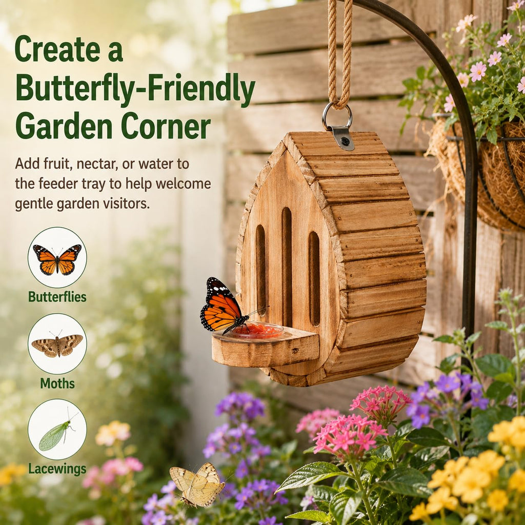 Wooden Butterfly House and Feeder for Outdoors, Natural Butterfly Habitat Nesting Box, Hanging Bug Hotel Garden Decoration for Butterflies, Bees, Moths
