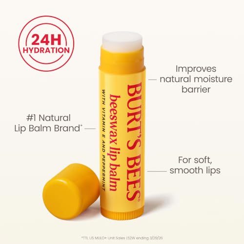 Burt's Bees 100% Natural Moisturizing Lip Balm (Original Beeswax) | Lip Moisturizer with Beeswax, Tint-Free, 100 Percent Natural Origin Conditioning Treatment, Easy to Take Anywhere