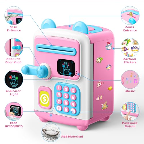 【Upgraded】 Piggy Bank, Face ID Password Unlocking Electronic Kids Bank ATM Security Unlocking Cash Coin Bank Toys Gifts for Kids, Coin Bank for 3 4 5 6 7 8 9 10 11 12 Year Old Girls Boys
