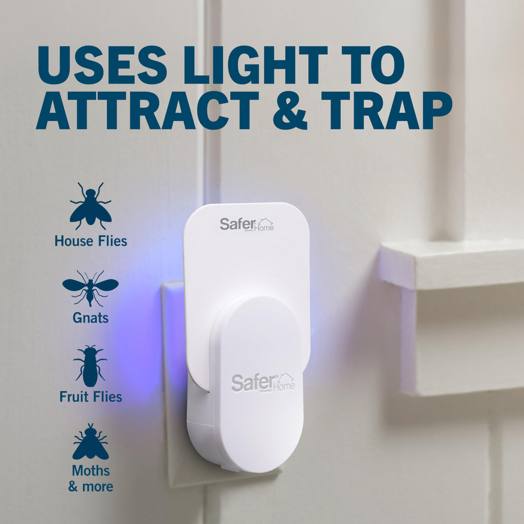Safer Home Flying Insect Trap, Plug-In Fruit Fly Trap for Indoors, 1-Pack | Flying Insect, Moth, & Gnat Trap, Fruit Fly Killer, Fly Catcher, 24/7 Catch, Chemical-Free, 1 Trap + 2 Glue Cards, SH502