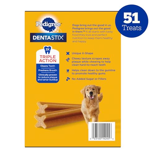 Pedigree Dentastix Large Breed Dental Dog Treats, Variety, 51 Count | Original Chicken, Beef, and Fresh flavors, reduces plaque and tartar buildup, cleans teeth, freshens breath, for dogs 40+ lbs