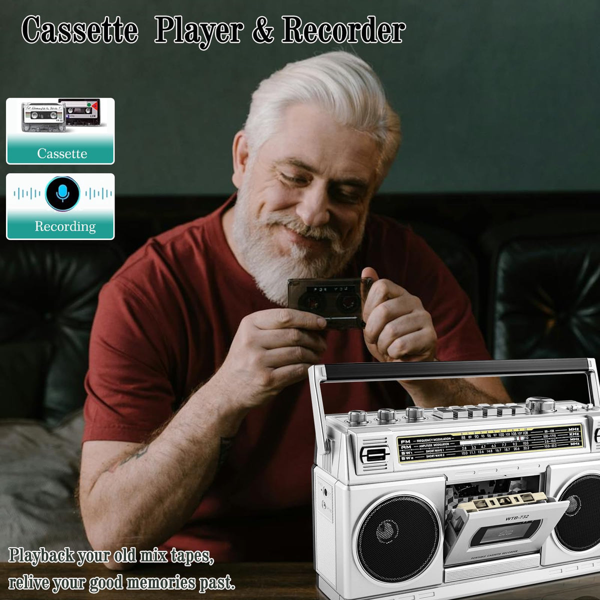 Retro Classic 80s Style Portable Boombox with Cassette Player Recorder, AM/FM/SW1/SW2 Radio, Bluetooth, USB/Micro SD Slots, Headphone Jack, 24W Dual Full-Range High Bass Speakers
