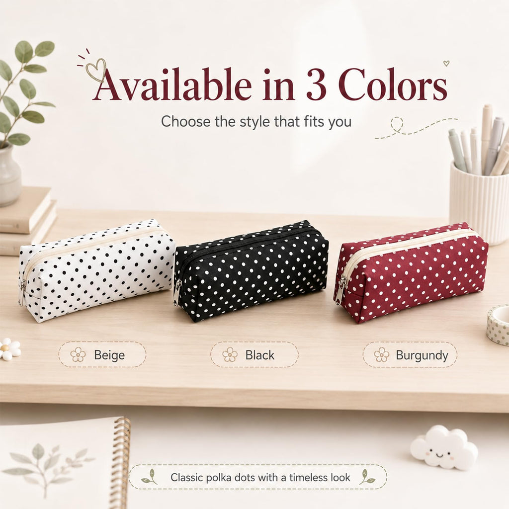 Polka Dot Canvas Pencil Case, Foldable Pouch for Stationery & Makeup, Black | Cute Polka Dot Canvas Pencil Pouch, Large Capacity Soft Aesthetic Pen Case Organizer for Supplies & Daily Use