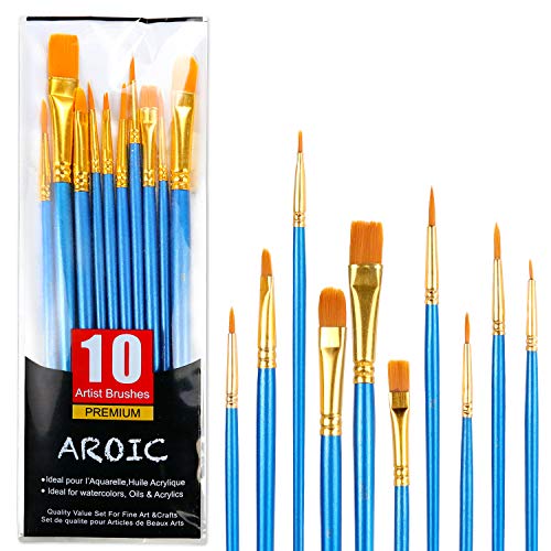 AROIC 10 Pcs Paint Brushes, Acrylic Oil Watercolor Painting Brush Set | Nylon Hair Brushes Artist Professional Drawing Kits for Adult, Kids Face Canvas Rock Painting Arts Crafts Supplies(1 Pack)