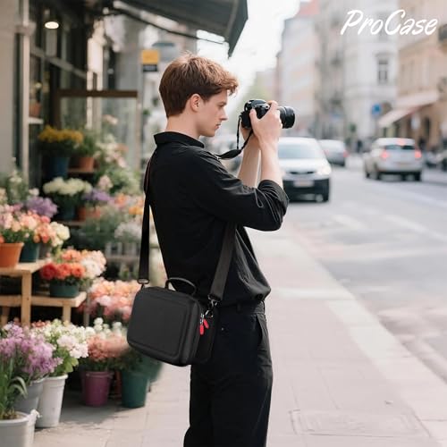 ProCase Hard Shell Digital Camera Case for Canon Rebel T7 -Black | Soft Padded Bag with 1 Shoulder Strap and 3 Adjustable Dividers for Digital Camera EOS R100/R50/DSLR/SLR/Nikon/Sony