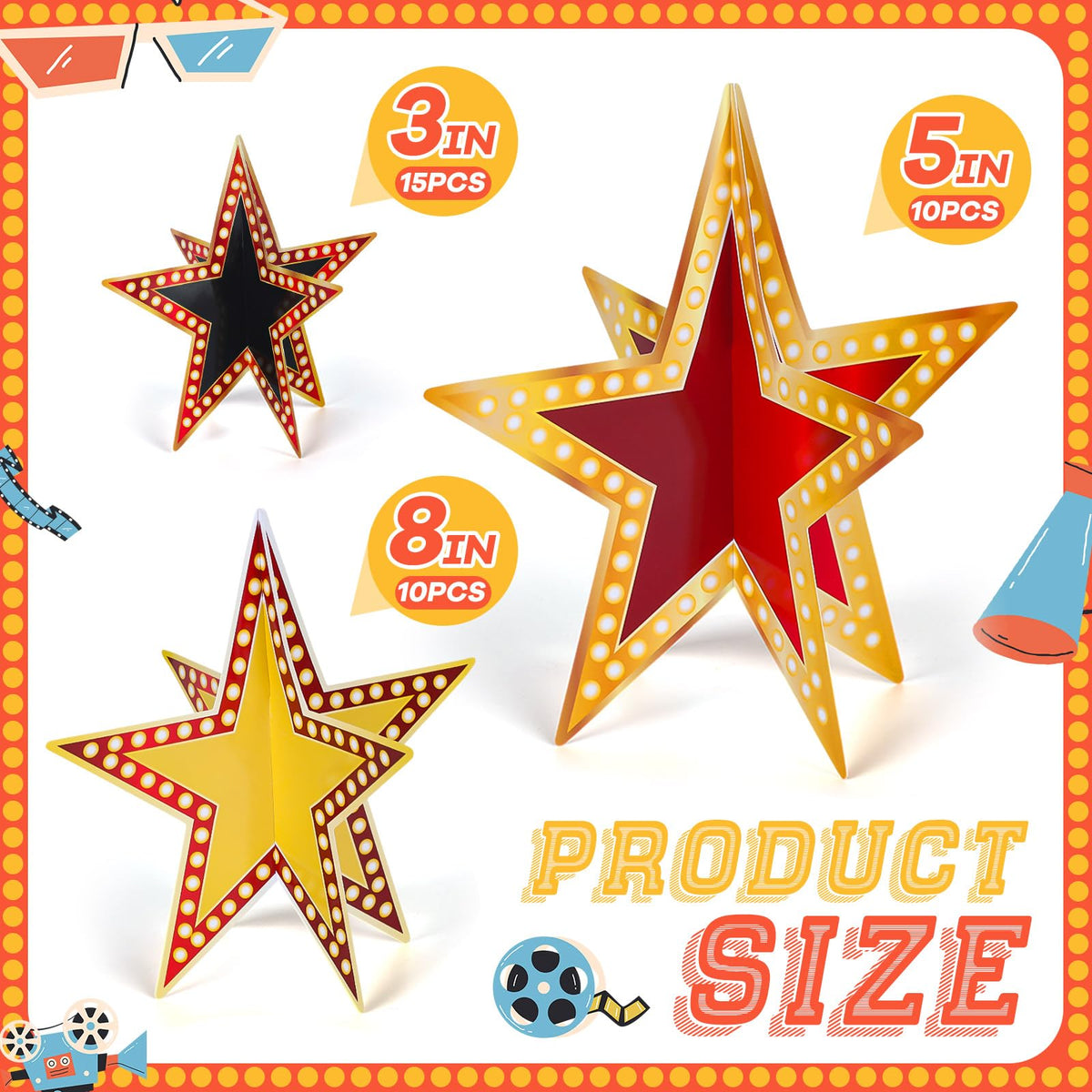 Sinload 45 Piece 3D Glitter Star Centerpieces Red Black Gold Party Decor | 300 Gsm Cardstock with 15 Pieces Per Size in 8" 5" 3" Formats for Standing Hanging Back to School Movie Night Awards Decor