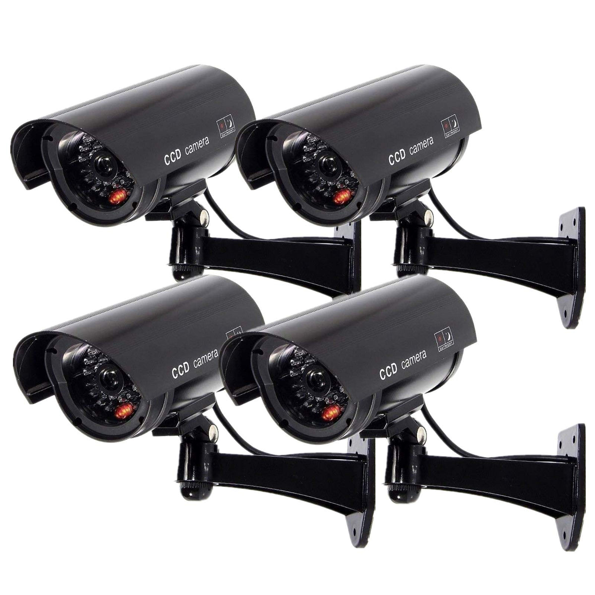 F FINDERS&CO Outdoor Fake Security Camera, Dummy CCTV Surveillance System with Realistic Red Flashing Lights and Warning Sticker (4, Black)