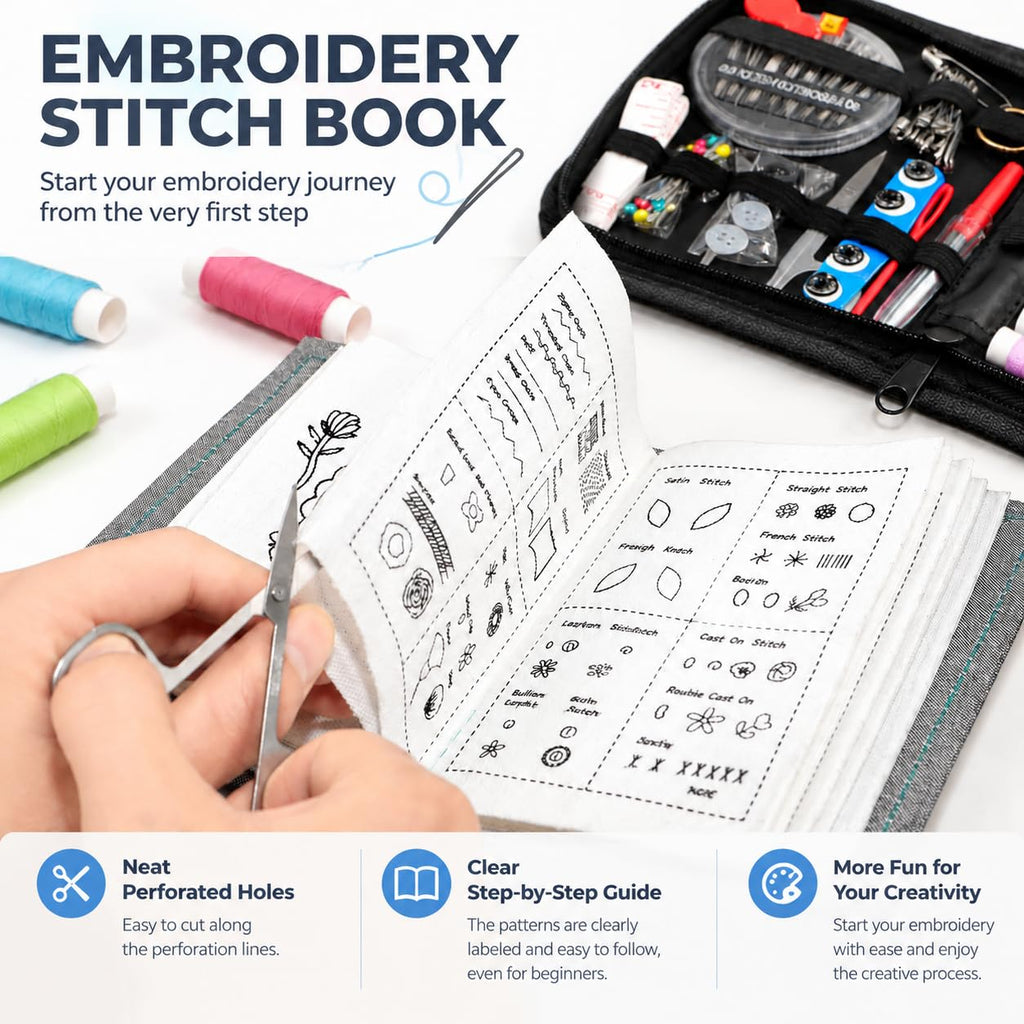 Embroidery Stitch Book Kit for Adults & DIY Craft Enthusiasts, Portable Embroidery Kit for Beginners, Includes Guide to 106 Patterns with Tools & Tutorials and 86-Piece Sewing Tool Set